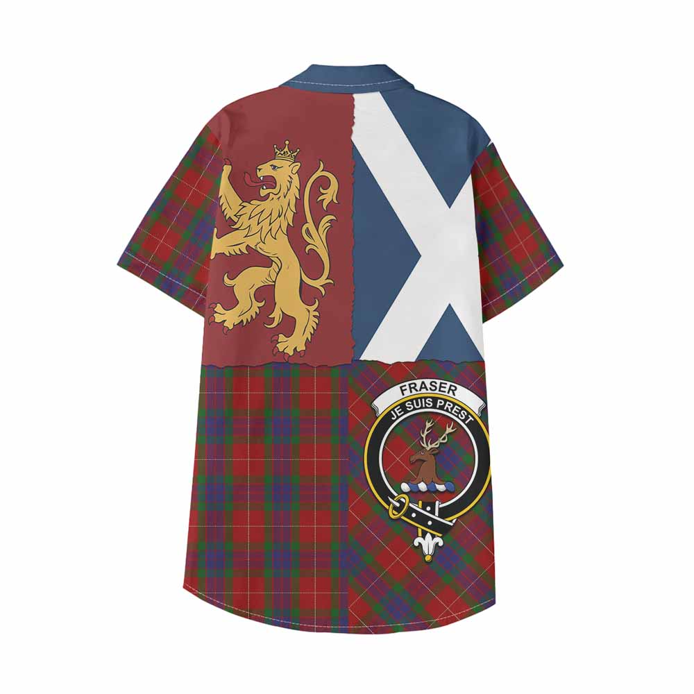 Fraser Crest Tartan Kid Hawaiian Shirt with Lion Rampant Saltire Style - Tartan Vibes Clothing