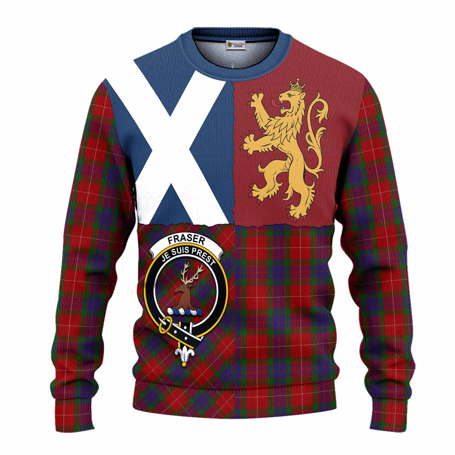 Fraser Crest Tartan Knitted Sweater with Lion Rampant Saltire Style