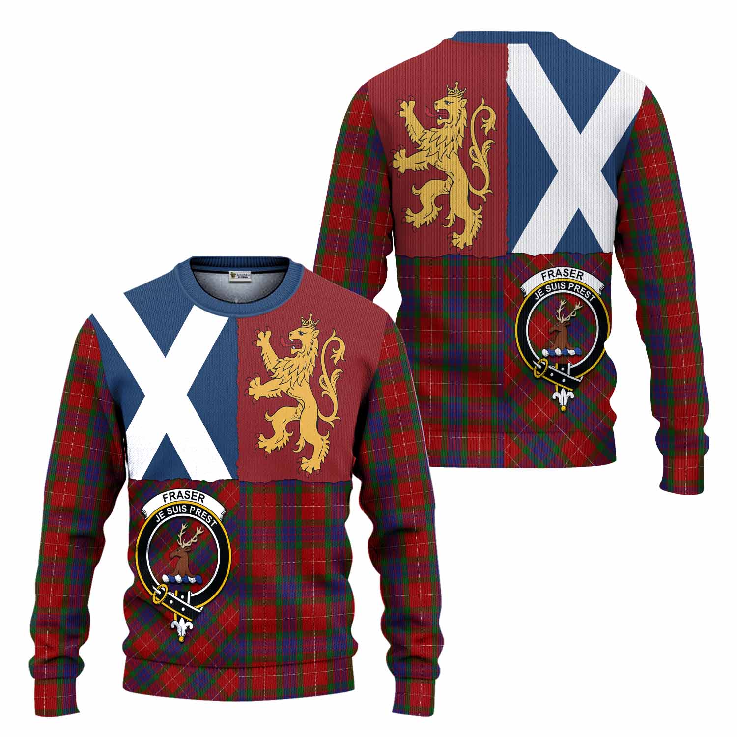 Fraser Crest Tartan Knitted Sweater with Lion Rampant Saltire Style