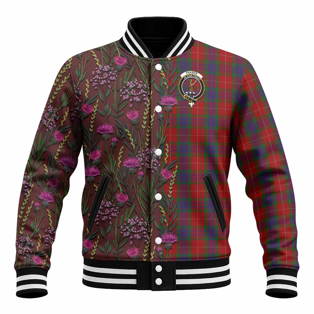 Fraser Family Crest Tartan Baseball Jacket Scottish Thistle Flower Pattern Half Style - Tartan Vibes Clothing