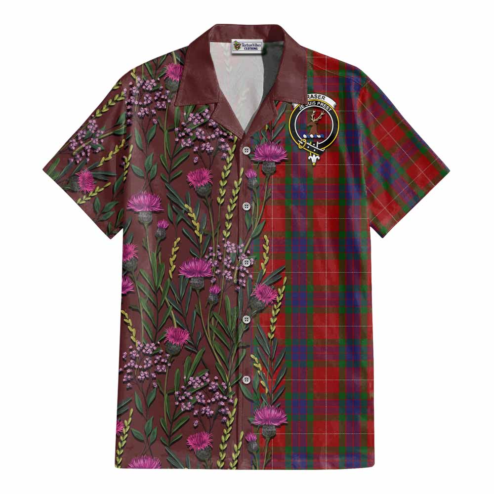Fraser Family Crest Tartan Cotton Hawaiian Shirt Scottish Thistle Flower Pattern Half Style - Tartan Vibes Clothing
