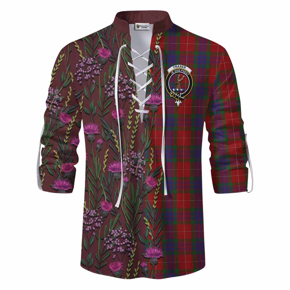 Fraser Family Crest Tartan Ghillie Shirt Scottish Thistle Flower Pattern Half Style - Tartan Vibes Clothing