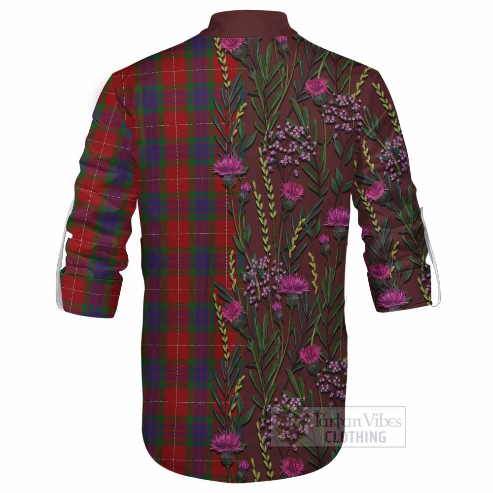 Fraser Family Crest Tartan Ghillie Shirt Scottish Thistle Flower Pattern Half Style - Tartan Vibes Clothing