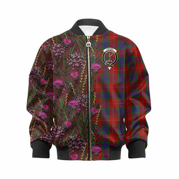 Fraser Family Crest Tartan Kid Bomber Jacket Scottish Thistle Flower Pattern Half Style - Tartan Vibes Clothing