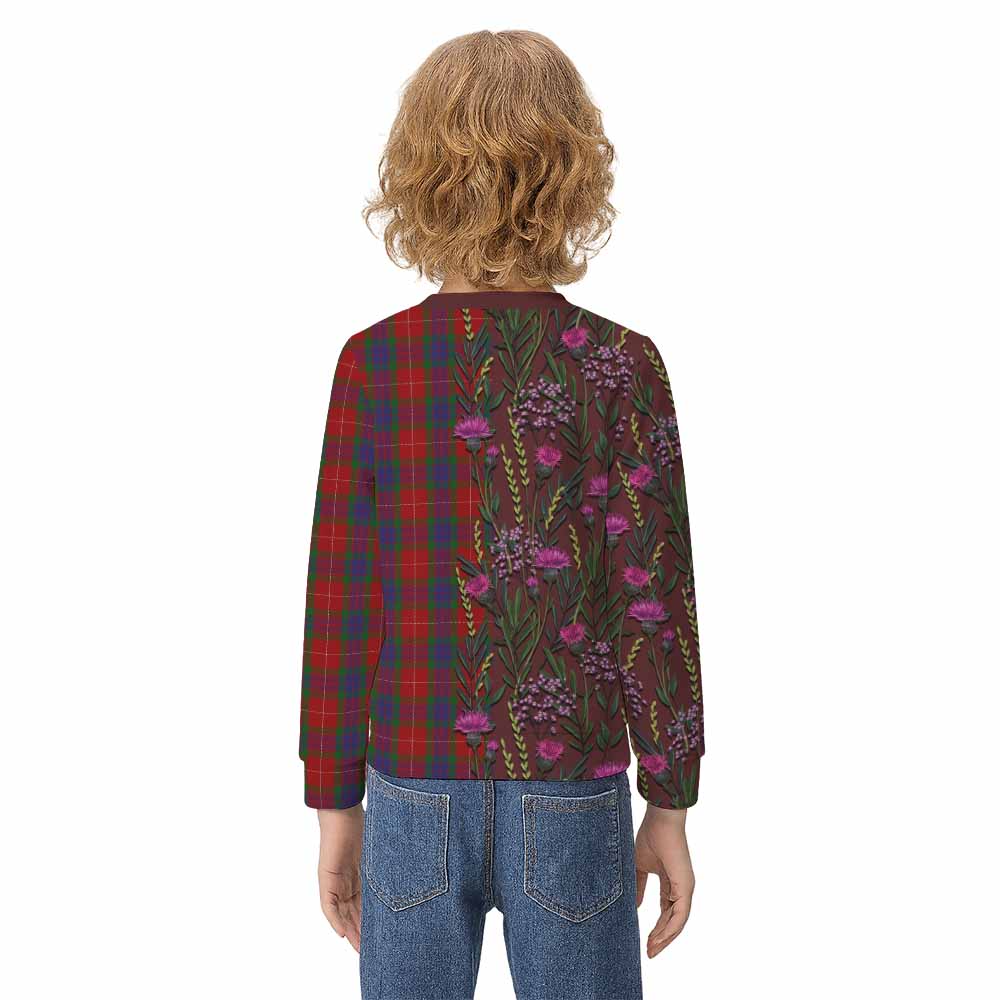 Fraser Family Crest Tartan Kid Knitted Sweatshirt Scottish Thistle Flower Pattern Half Style - Tartan Vibes Clothing
