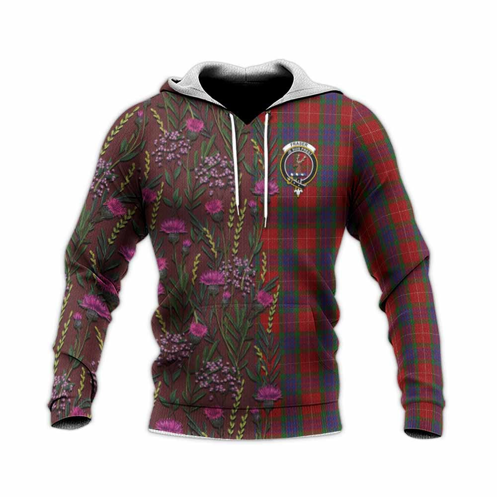 Fraser Family Crest Tartan Knitted Hoodie Scottish Thistle Flower Pattern Half Style - Tartan Vibes Clothing
