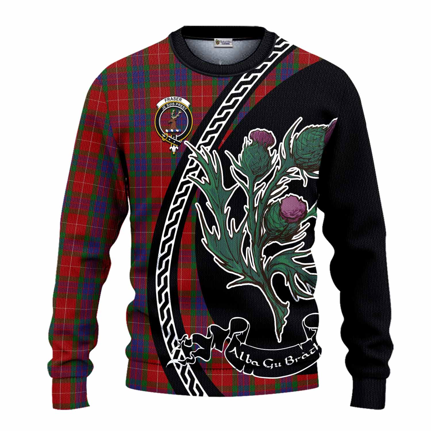 Fraser Family Crest Tartan Knitted Sweater Alba Thistle Inspired - Tartan Vibes Clothing