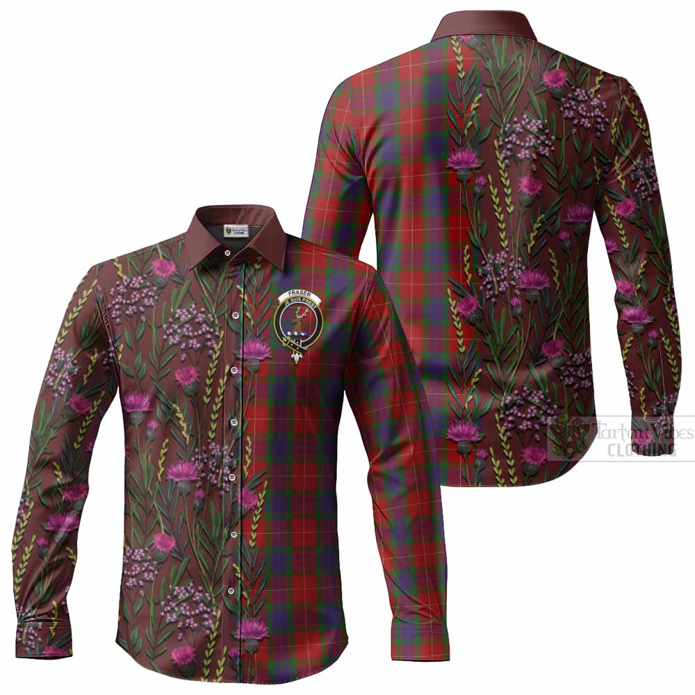 Fraser Family Crest Tartan Long Sleeve Button Shirts Scottish Thistle Flower Pattern Half Style - Tartan Vibes Clothing