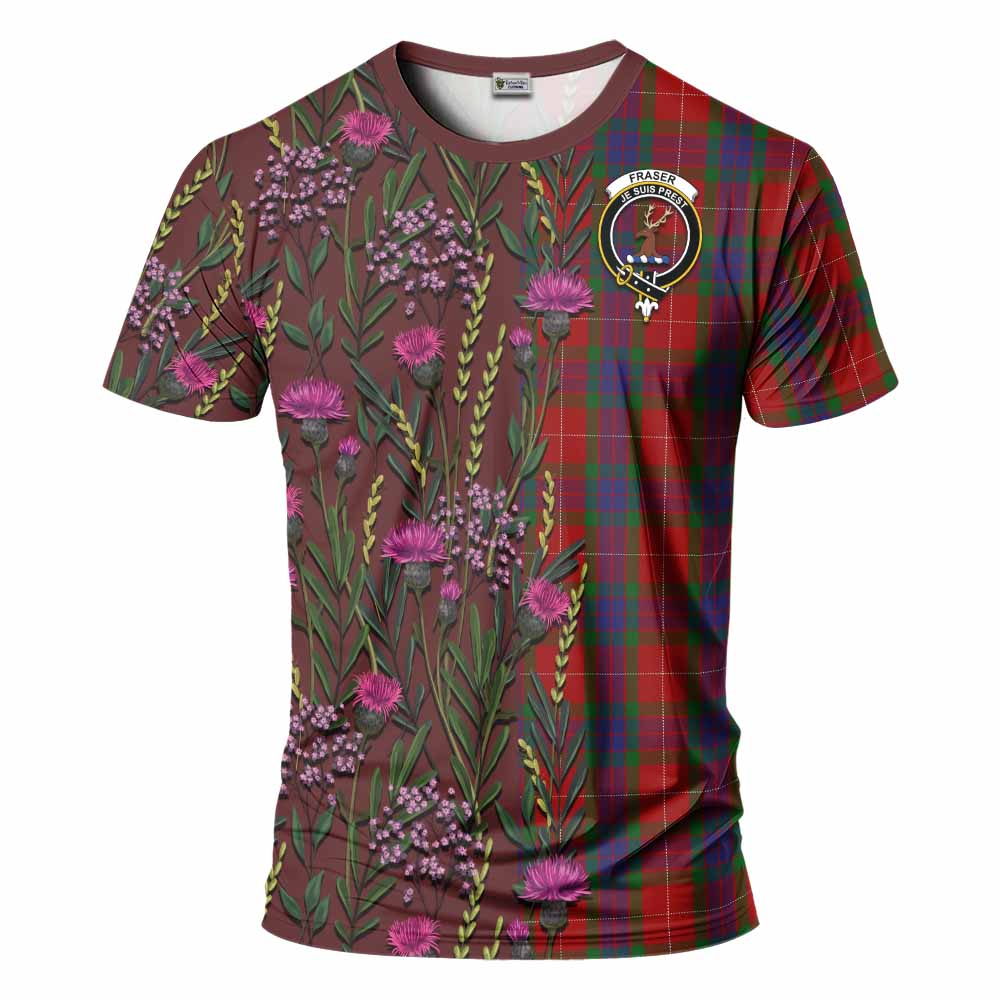 Fraser Family Crest Tartan T-Shirt Scottish Thistle Flower Pattern Half Style - Tartan Vibes Clothing