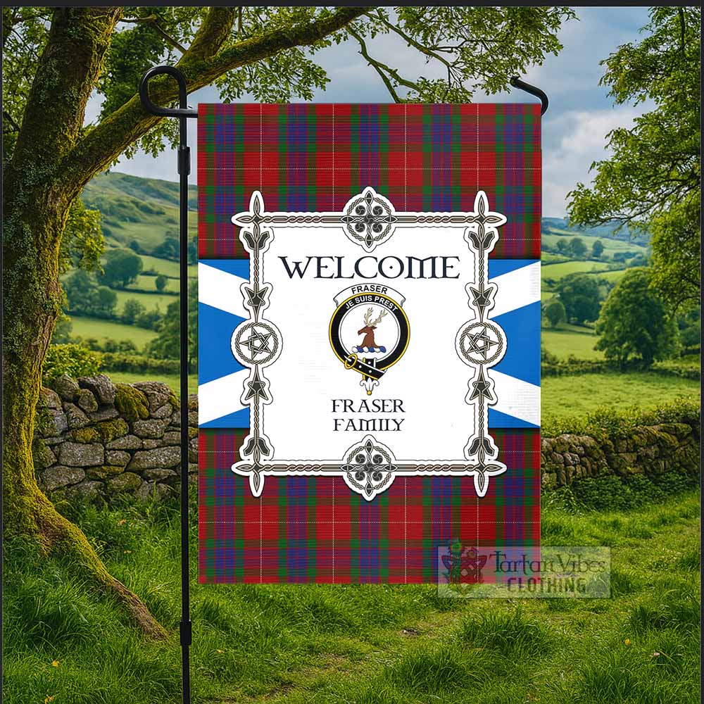 Fraser Family Crest Tartan Welcome Garden Flag Saltire Harmony Style - Tartan Vibes Clothing