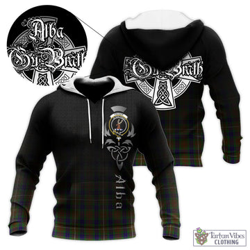 Fraser Hunting Tartan Knitted Hoodie Featuring Alba Gu Brath Family Crest Celtic Inspired