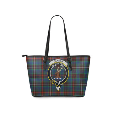 Fraser Hunting Ancient Tartan Leather Tote Bag with Family Crest