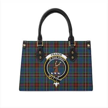 Fraser Hunting Ancient Tartan Leather Bag with Family Crest