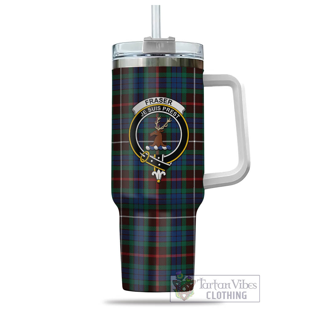 Tartan Vibes Clothing Fraser Hunting Ancient Tartan and Family Crest Tumbler with Handle