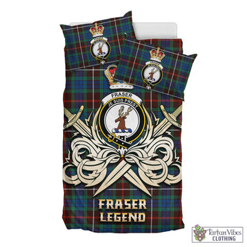 Fraser Hunting Ancient Tartan Bedding Set with Clan Crest and the Golden Sword of Courageous Legacy