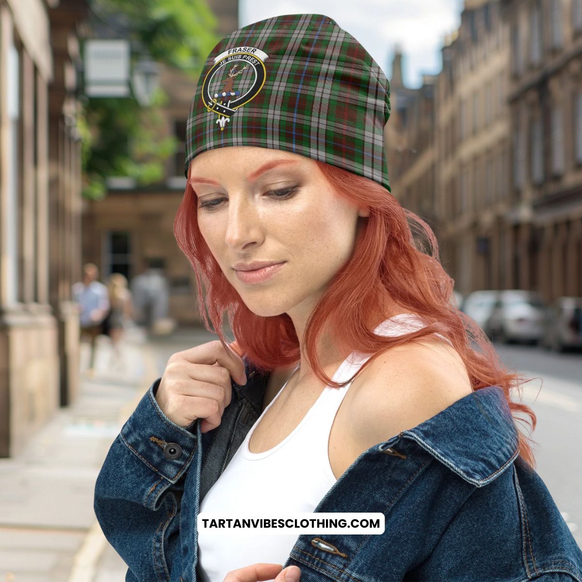 Fraser Hunting Dress Tartan Beanies Hat with Family Crest