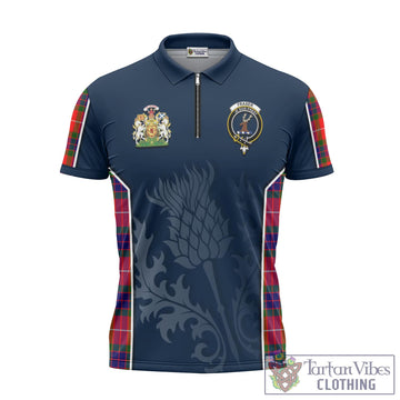 Fraser Modern Tartan Zipper Polo Shirt with Family Crest and Scottish Thistle Vibes Sport Style