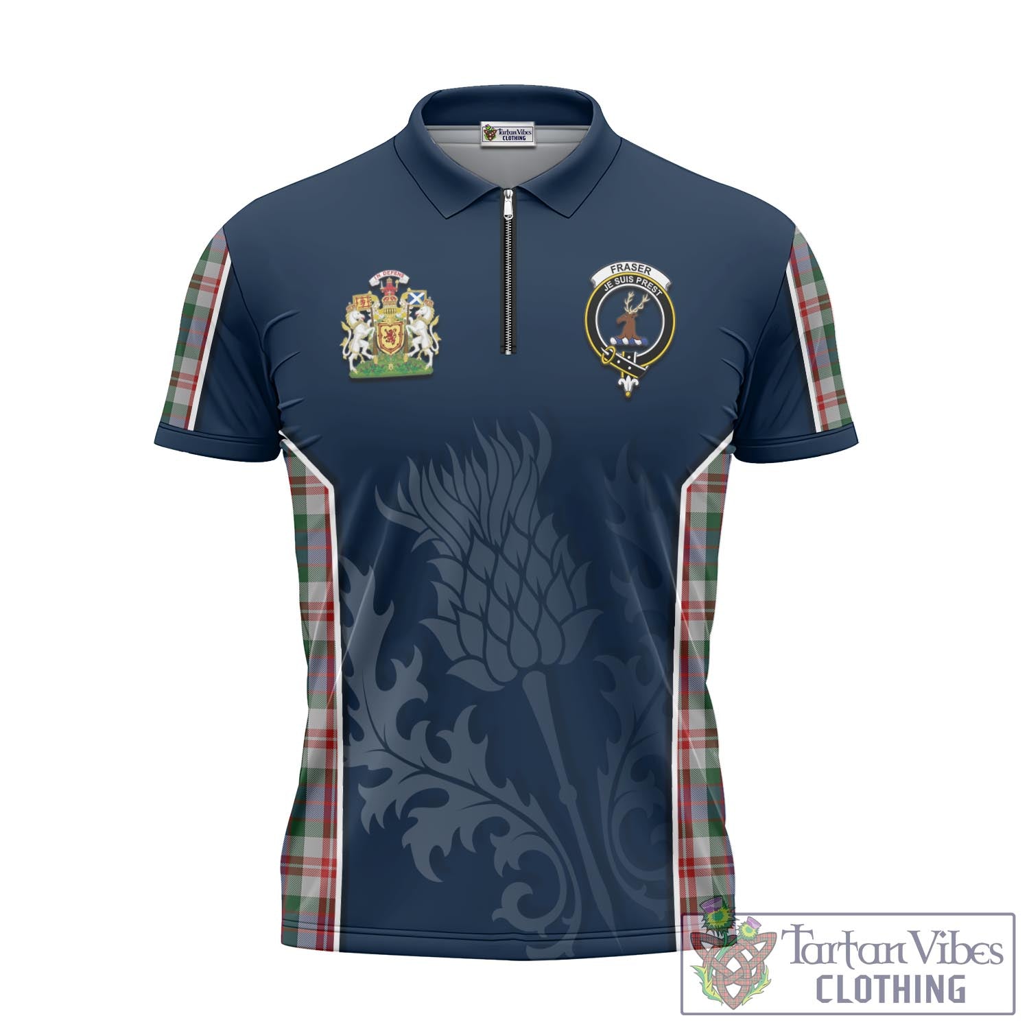 Tartan Vibes Clothing Fraser Red Dress Tartan Zipper Polo Shirt with Family Crest and Scottish Thistle Vibes Sport Style