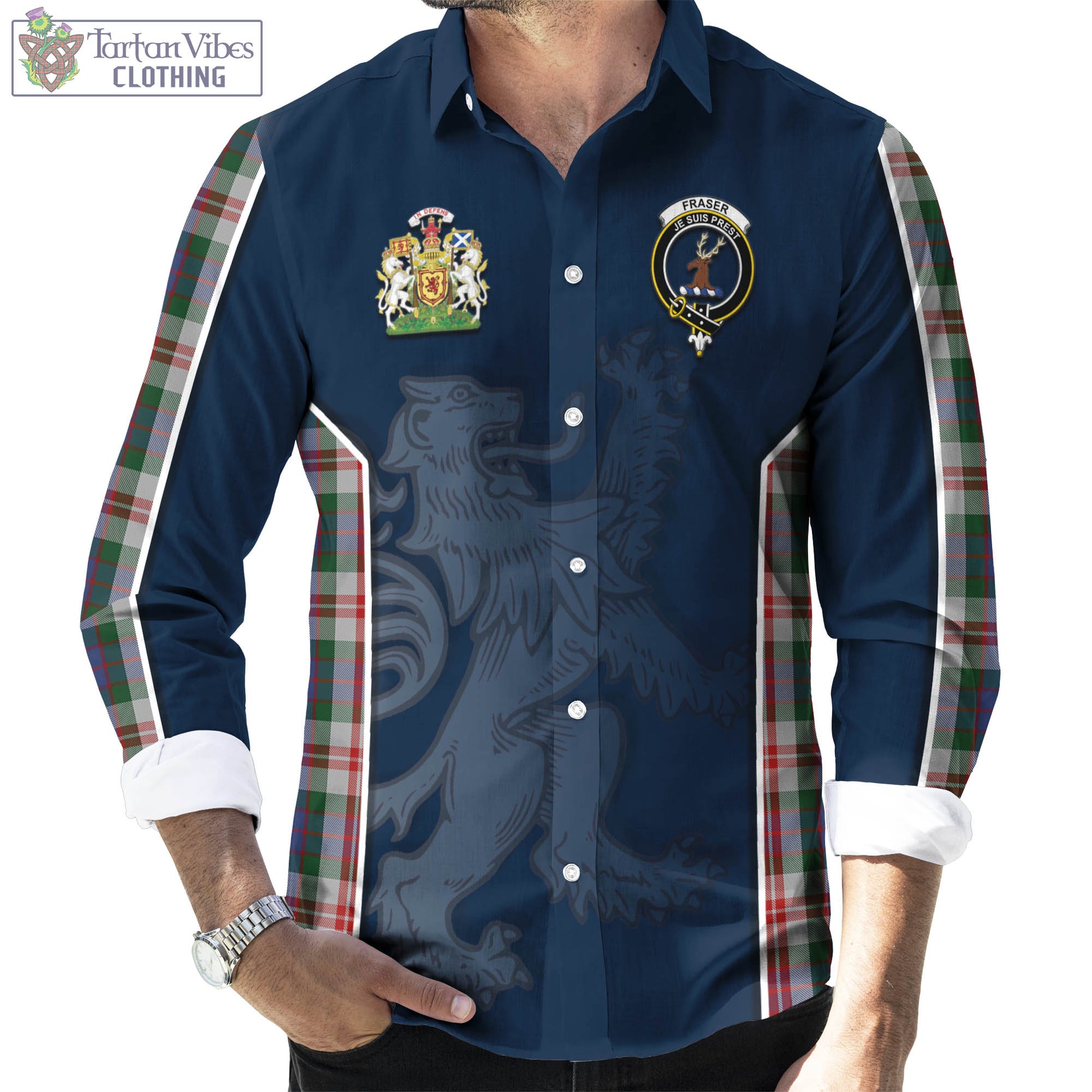 Tartan Vibes Clothing Fraser Red Dress Tartan Long Sleeve Button Up Shirt with Family Crest and Lion Rampant Vibes Sport Style