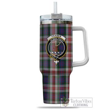 Fraser Red Dress Tartan and Family Crest Tumbler with Handle