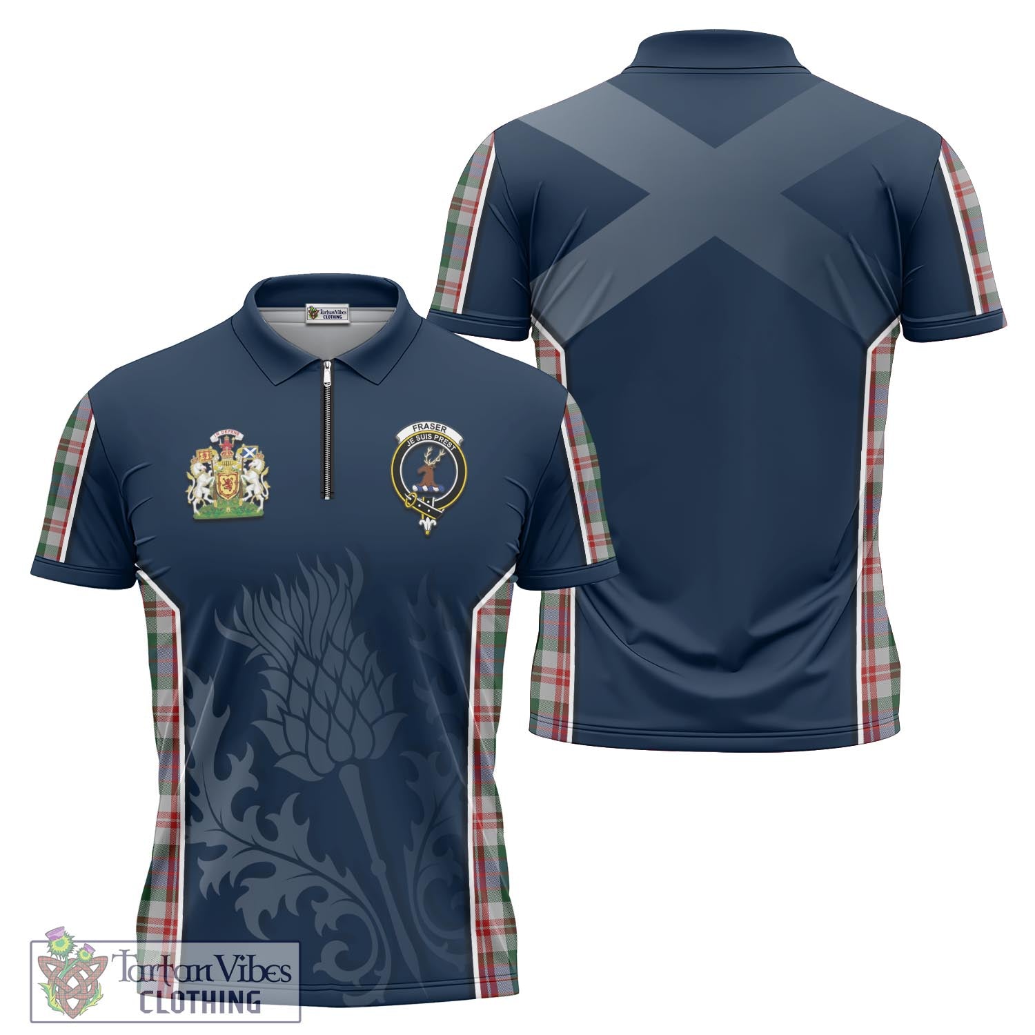 Tartan Vibes Clothing Fraser Red Dress Tartan Zipper Polo Shirt with Family Crest and Scottish Thistle Vibes Sport Style