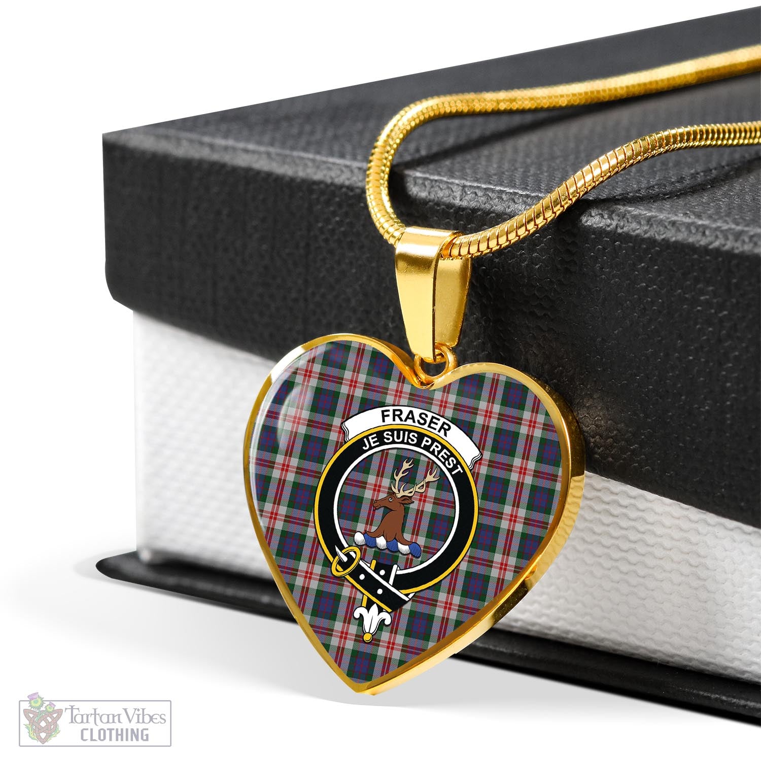 Tartan Vibes Clothing Fraser Red Dress Tartan Heart Necklace with Family Crest