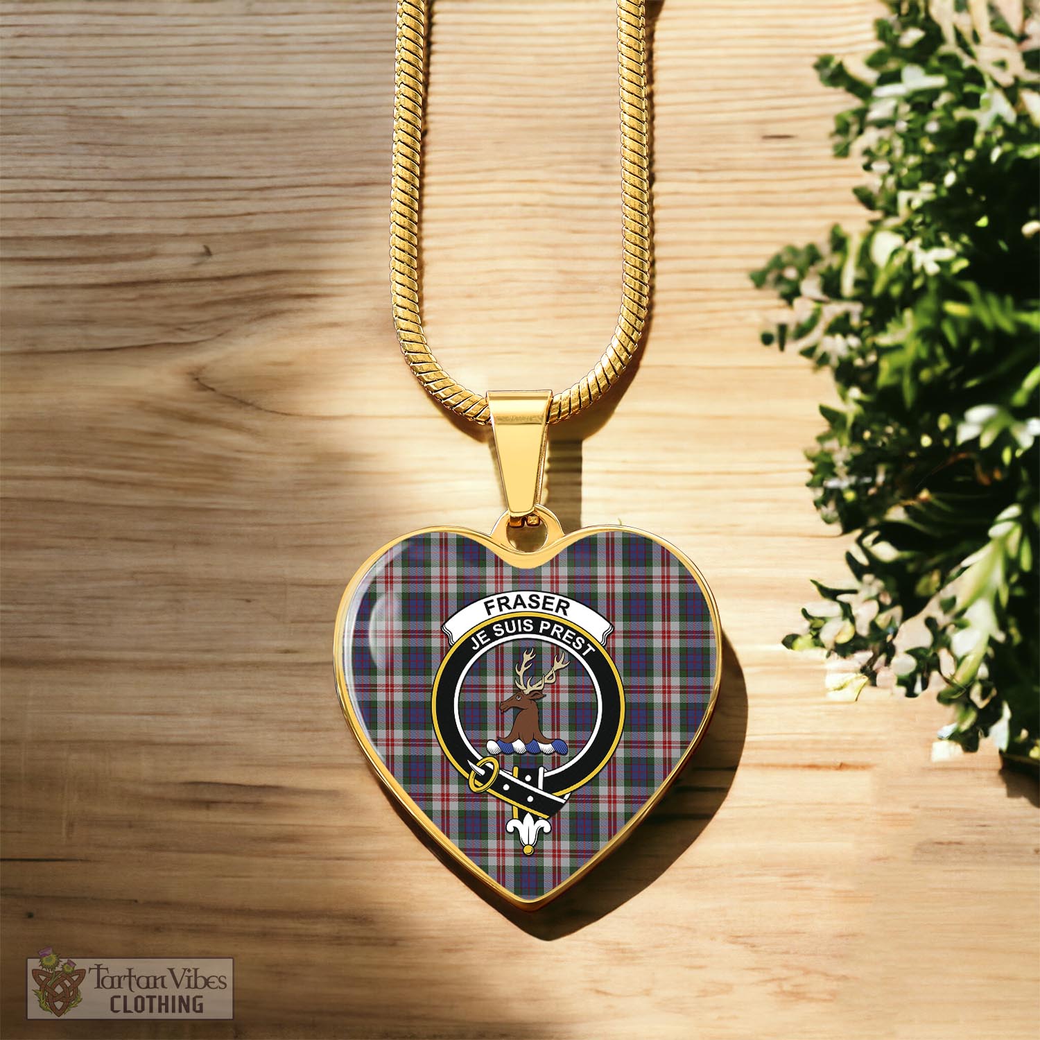 Tartan Vibes Clothing Fraser Red Dress Tartan Heart Necklace with Family Crest