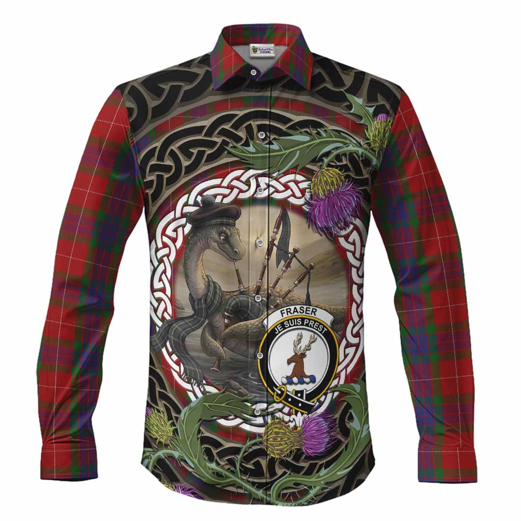 Fraser Tartan Crest Bagpipe Nessie Long Sleeve Button Shirts Scottish Loch Ness Monster Celtic Thistle