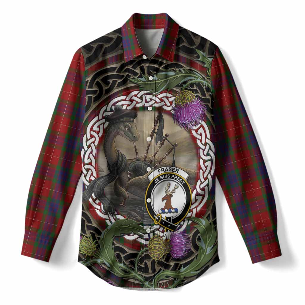 Fraser Tartan Crest Bagpipe Nessie Women Casual Shirt Scottish Loch Ness Monster Celtic Thistle