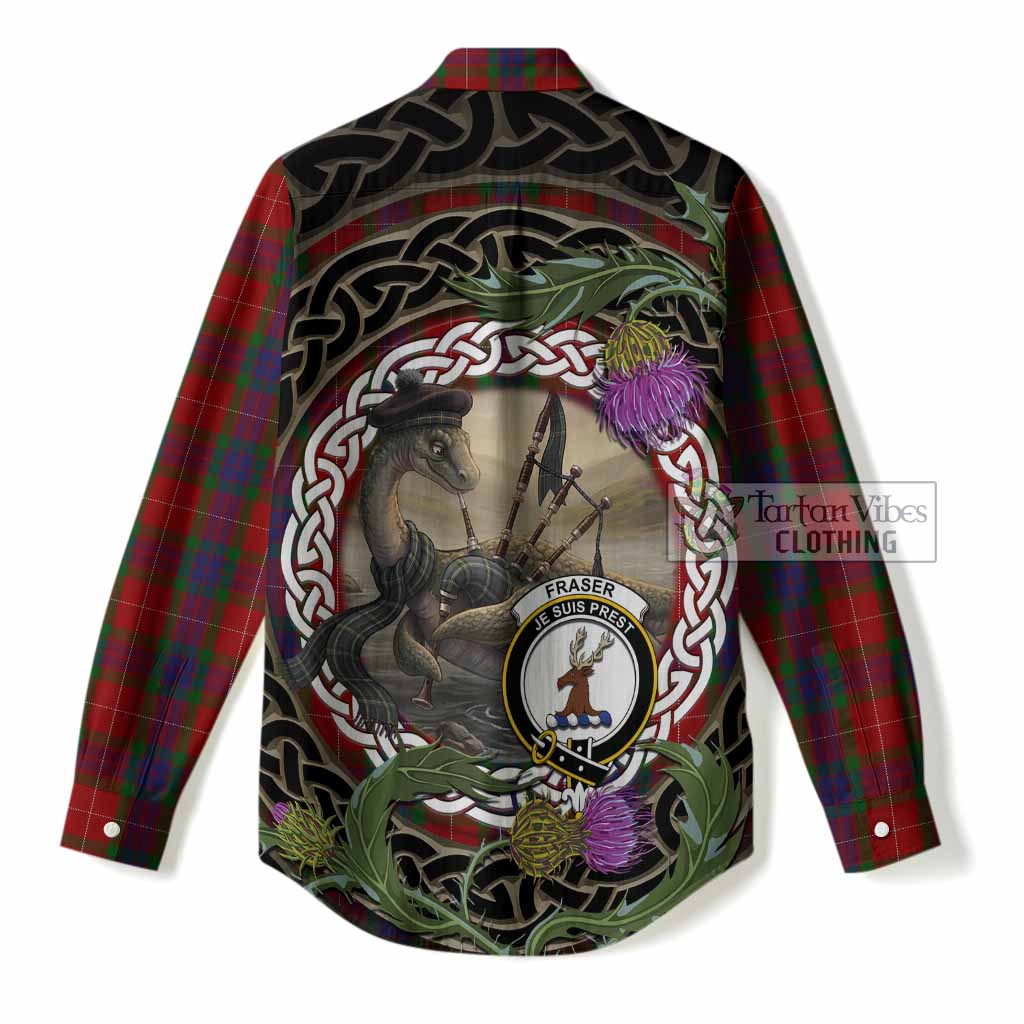 Fraser Tartan Crest Bagpipe Nessie Women Casual Shirt Scottish Loch Ness Monster Celtic Thistle