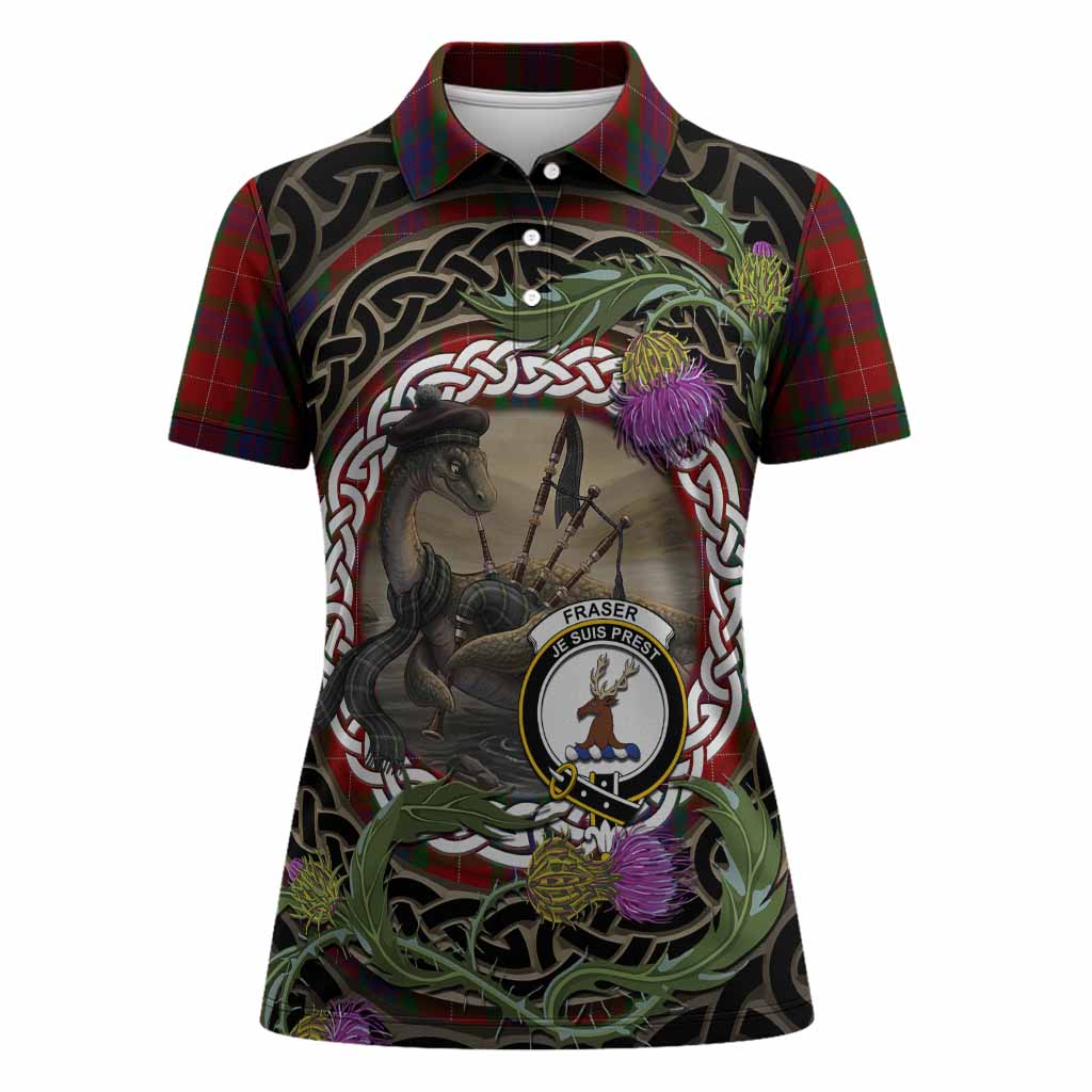 Fraser Tartan Crest Bagpipe Nessie Women Polo Shirt Scottish Loch Ness Monster Celtic Thistle