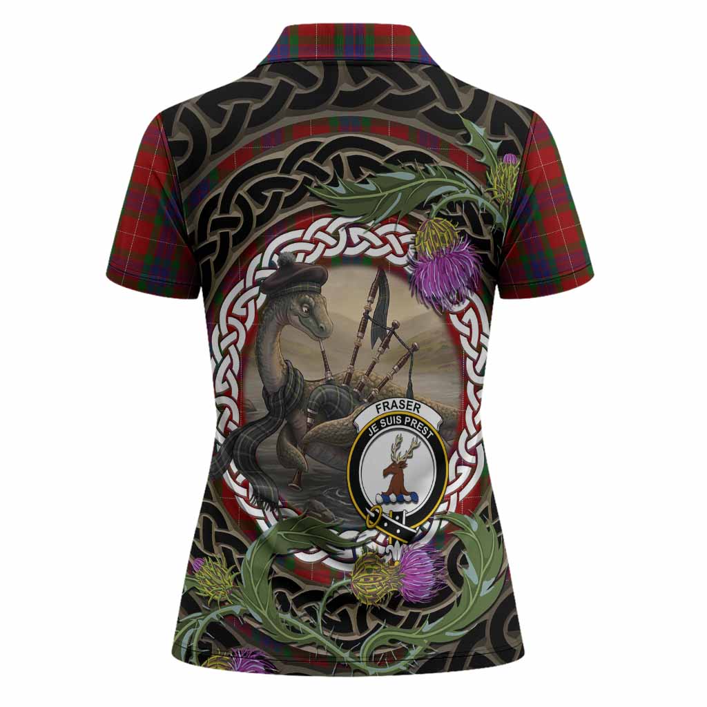 Fraser Tartan Crest Bagpipe Nessie Women Polo Shirt Scottish Loch Ness Monster Celtic Thistle