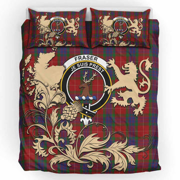Fraser Tartan Crest Bedding Set with Scottish Iconic Symbols 