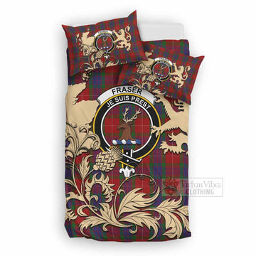 Fraser Tartan Crest Bedding Set with Scottish Iconic Symbols 