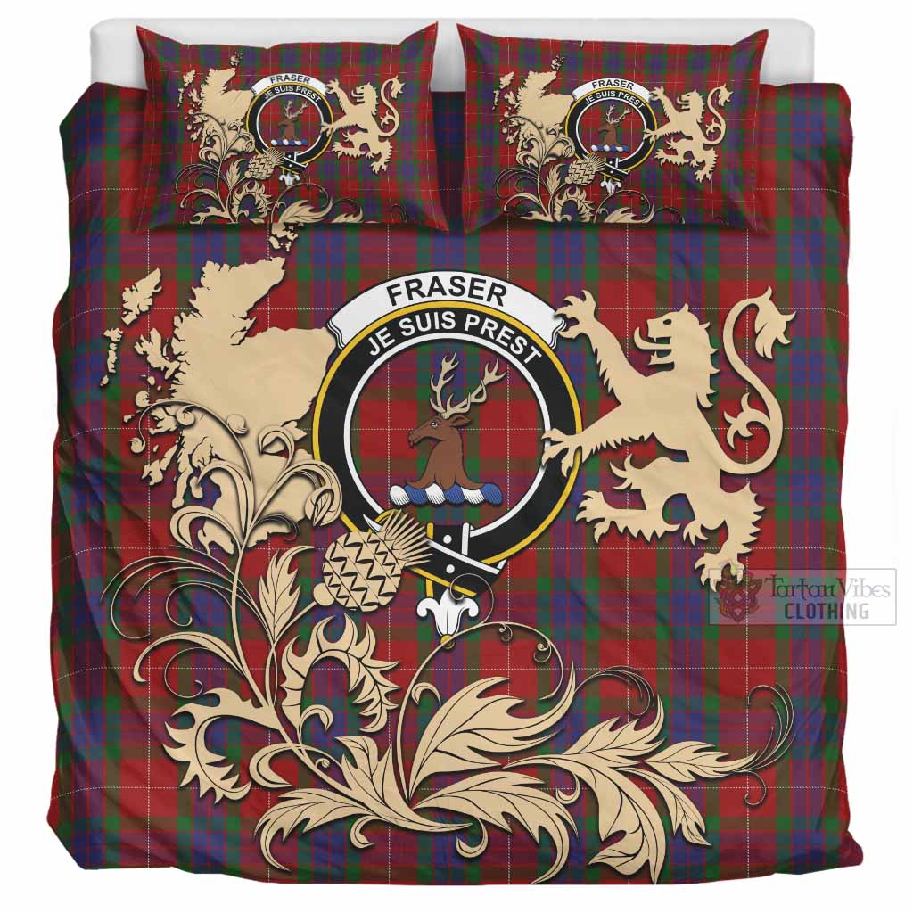 Fraser Tartan Crest Bedding Set with Scottish Iconic Symbols 