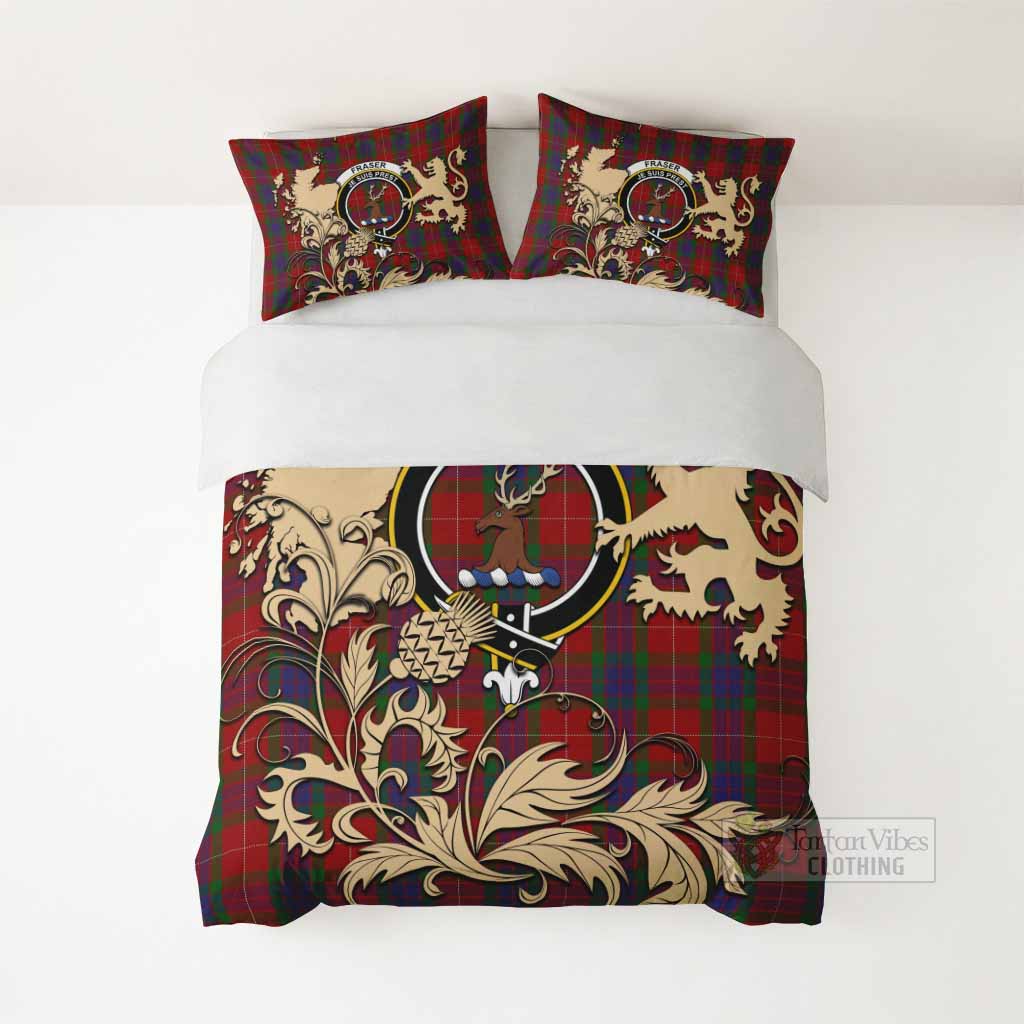 Fraser Tartan Crest Bedding Set with Scottish Iconic Symbols 