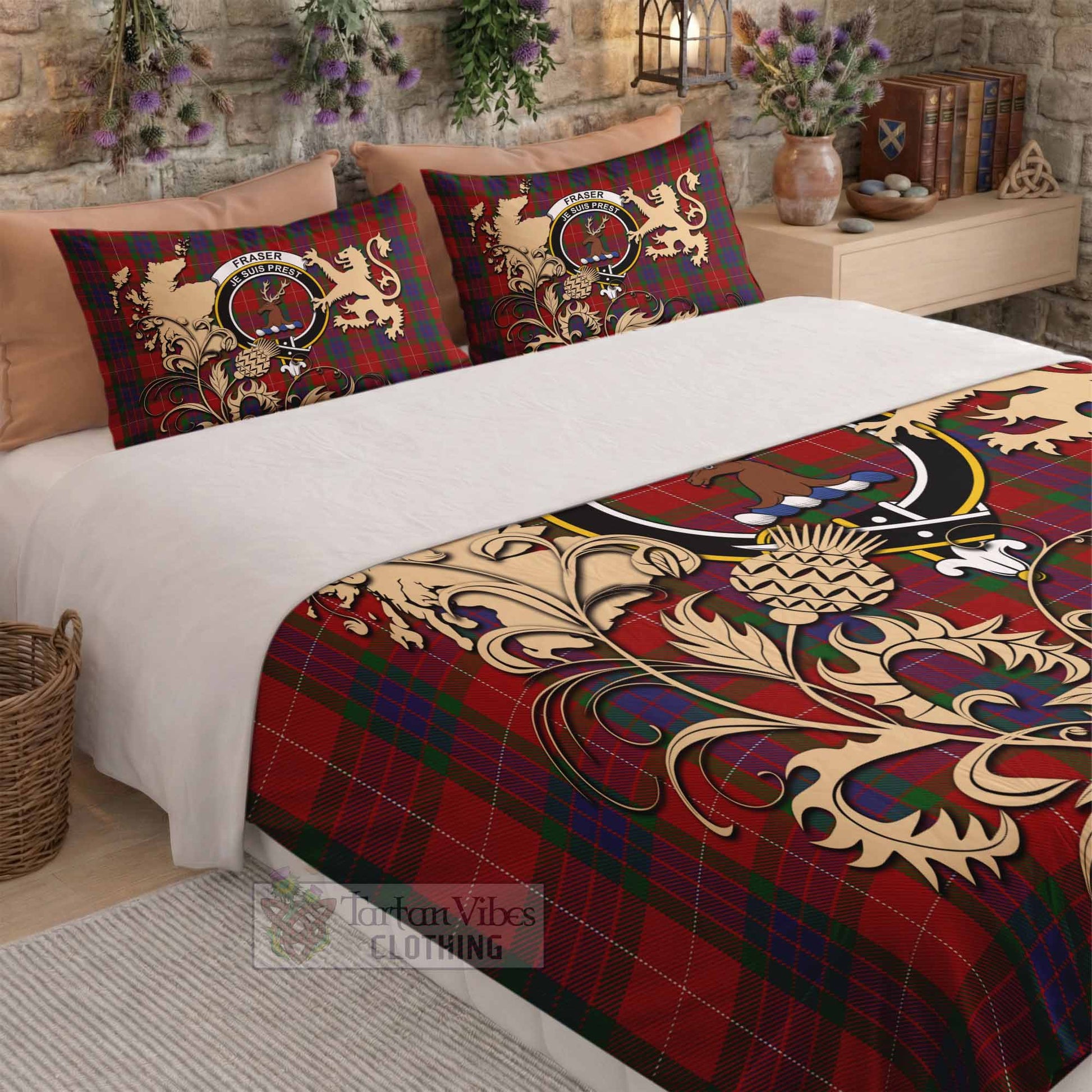 Fraser Tartan Crest Bedding Set with Scottish Iconic Symbols 