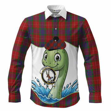 Fraser Tartan Crest Cute Nessie Long Sleeve Button Shirts Scottish Loch Ness Monster