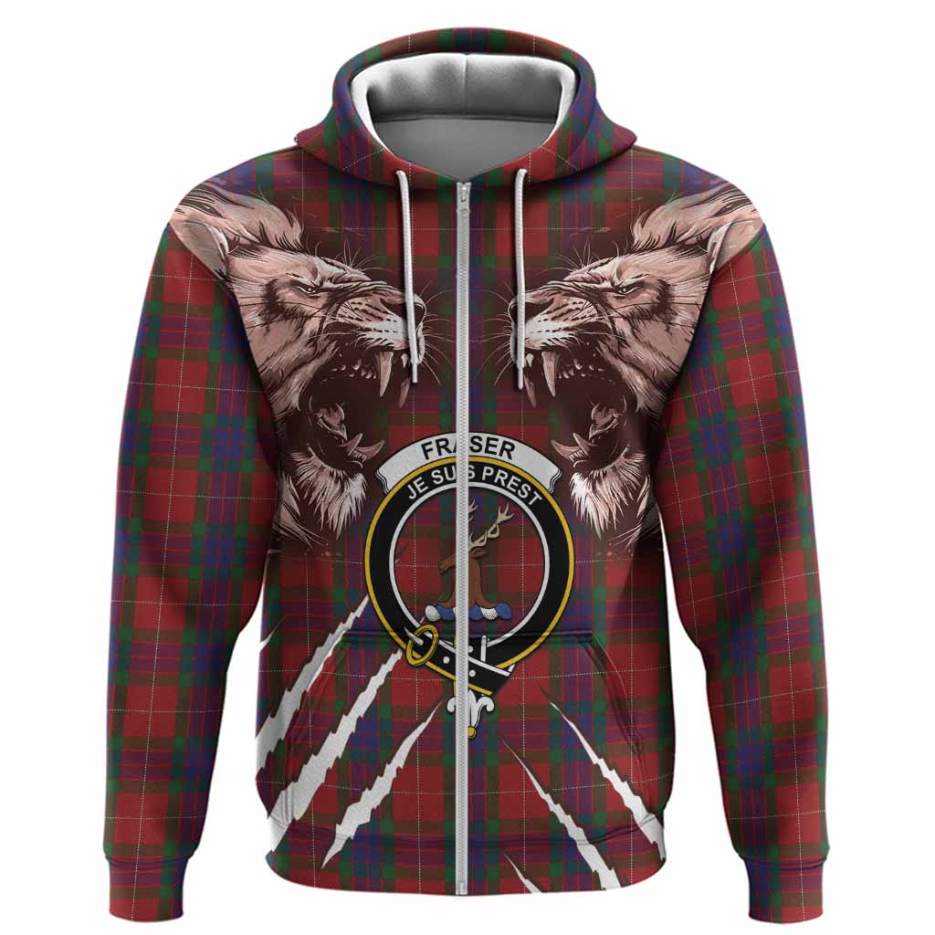 Fraser Tartan Crest Hoodie Ferocious Lion Style