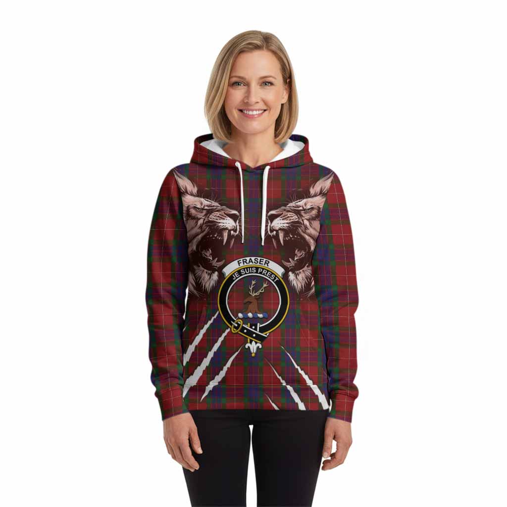 Fraser Tartan Crest Hoodie Ferocious Lion Style