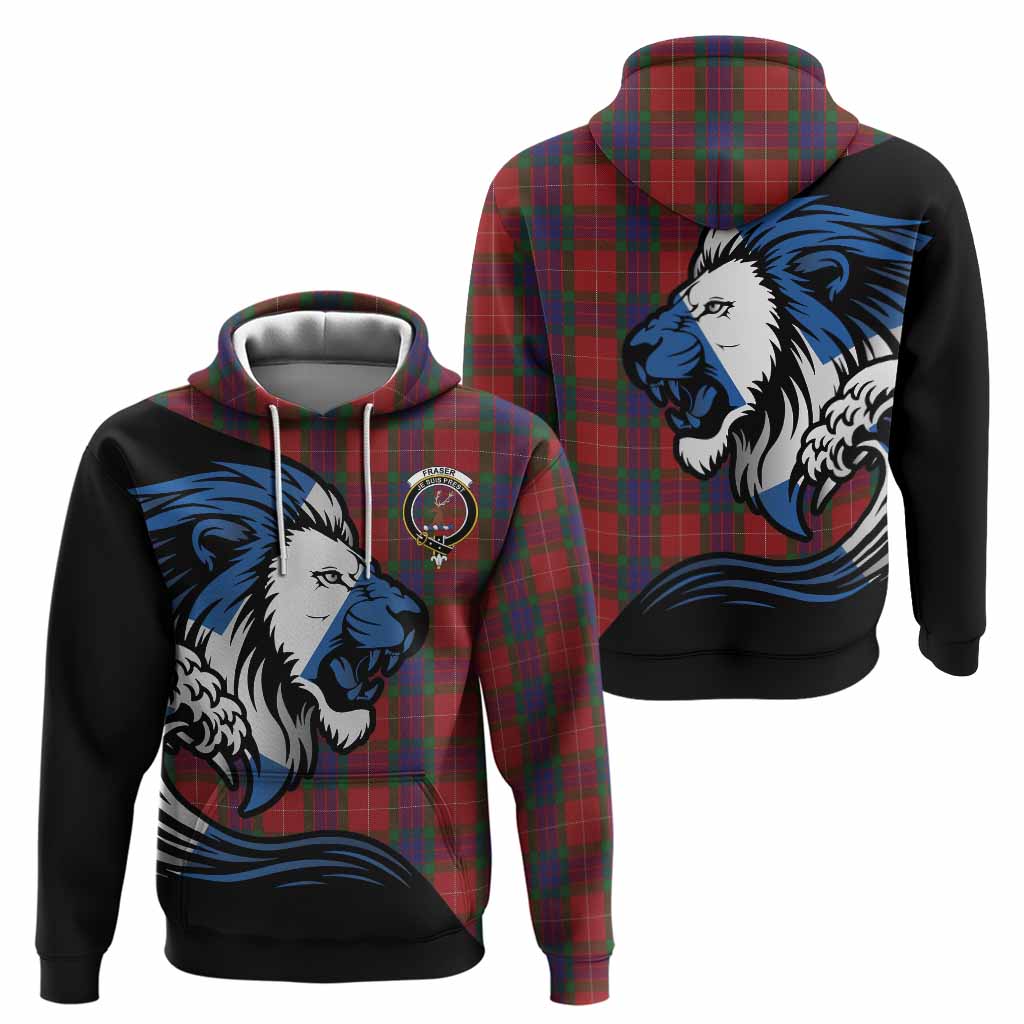Fraser Tartan Crest Hoodie Scottish Golden Lions Wave Flow