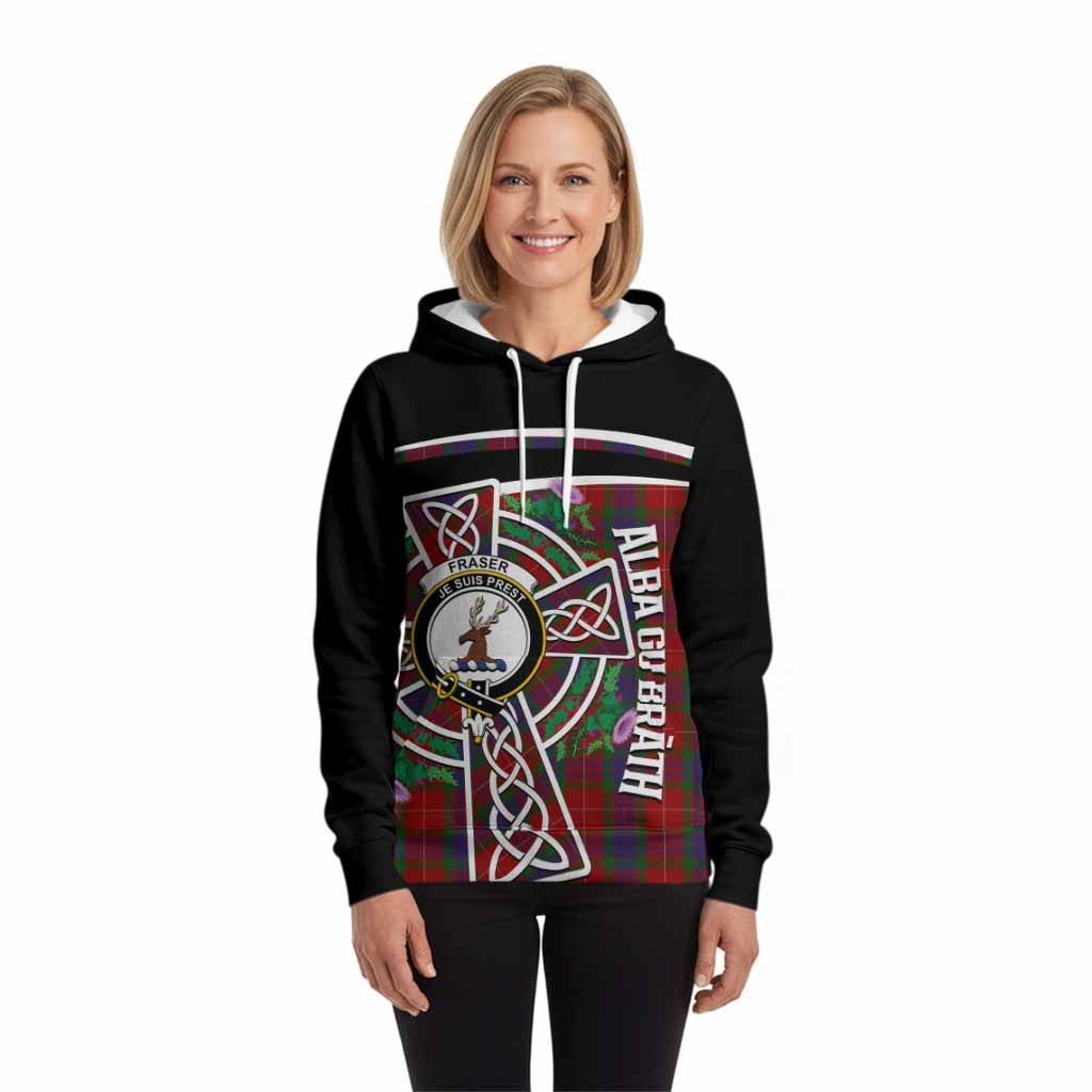 Fraser Tartan Crest Hoodie Scottish Thistle Celtic Cross Alba Gu Brath