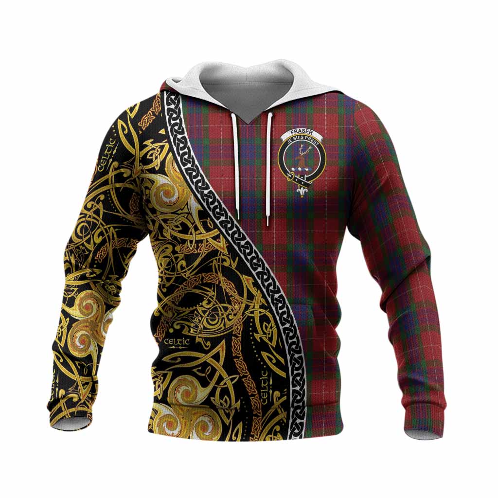 Fraser Tartan Crest Knitted Hoodie Celtic Knot and Triple Trickle Spiral Symbols