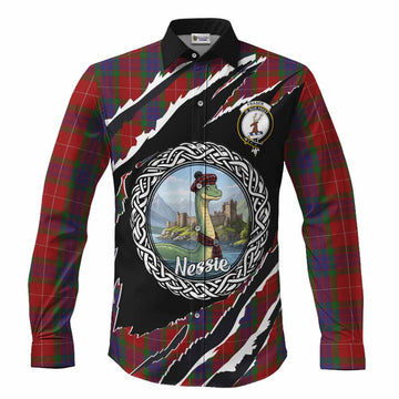 Fraser Tartan Crest Loch Ness Monster Long Sleeve Button Shirts Celtic Knot Nessie Art