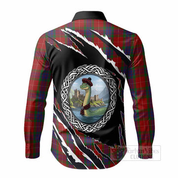 Fraser Tartan Crest Loch Ness Monster Long Sleeve Button Shirts Celtic Knot Nessie Art