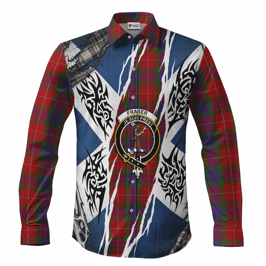 Fraser Tartan Crest Long Sleeve Button Shirts Scotland Flag Ripped Tribal Design
