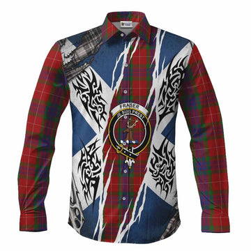 Fraser Tartan Crest Long Sleeve Button Shirts Scotland Flag Ripped Tribal Design