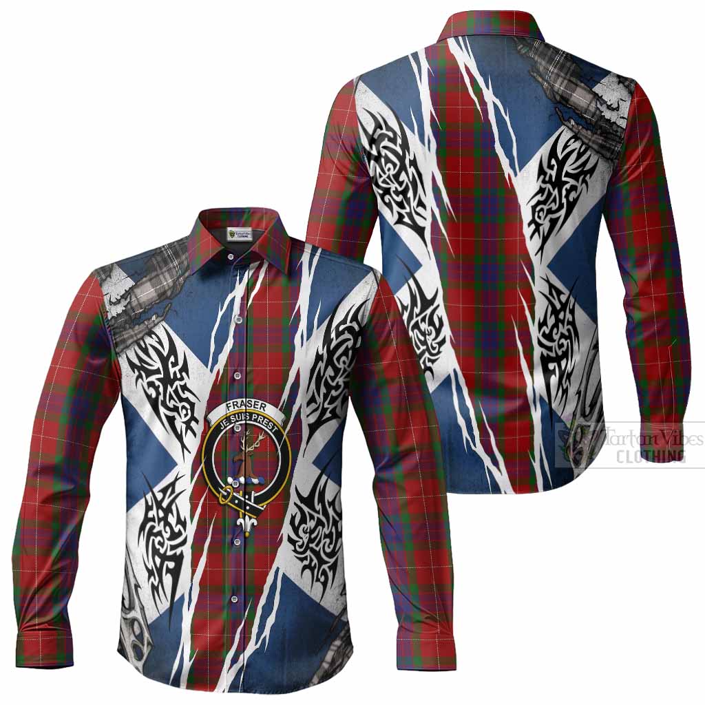 Fraser Tartan Crest Long Sleeve Button Shirts Scotland Flag Ripped Tribal Design