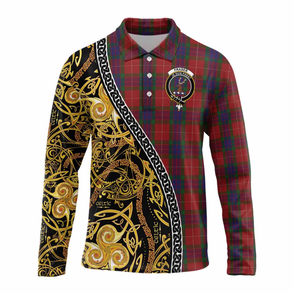 Fraser Tartan Crest Long Sleeve Polo Shirt Celtic Knot and Triple Trickle Spiral Symbols