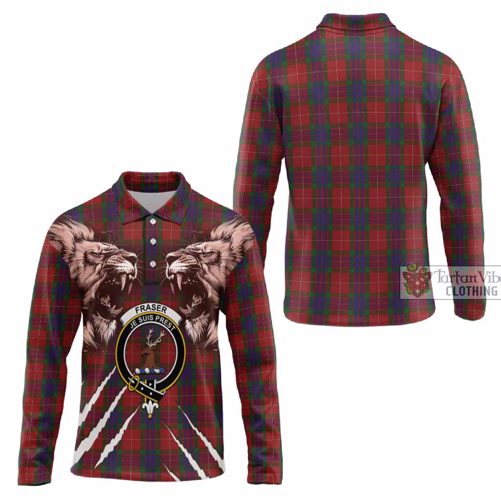 Fraser Tartan Crest Long Sleeve Polo Shirt Ferocious Lion Style